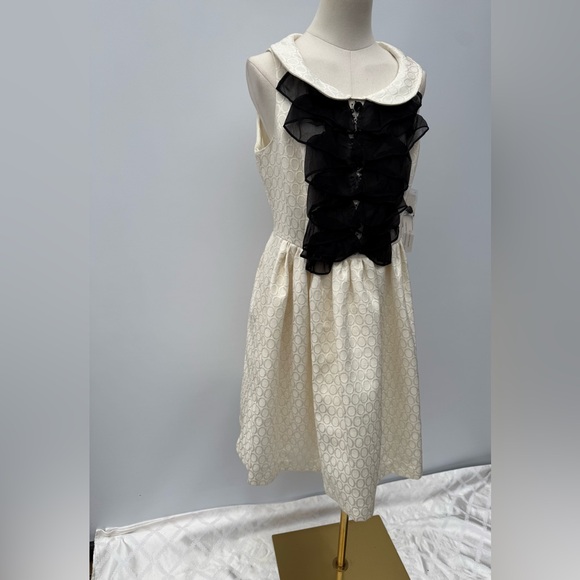 Kensie Dress Size 12 Cream Textured Black Ruffle Bib Collar A-Line Sleeveless - Picture 12 of 17